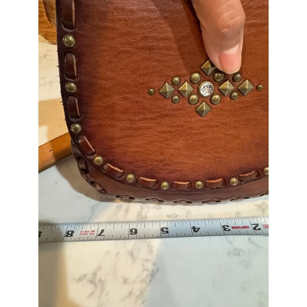 VINTAGE Leather Crossbody Bag Small Brown Handmade Studs Jewels Stitched
